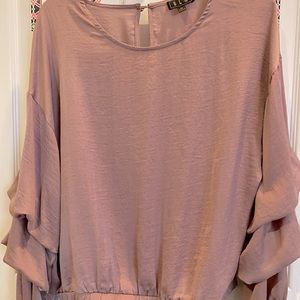 Dressy dusty pink rose silky blouse with balloon pin tucked sleeves